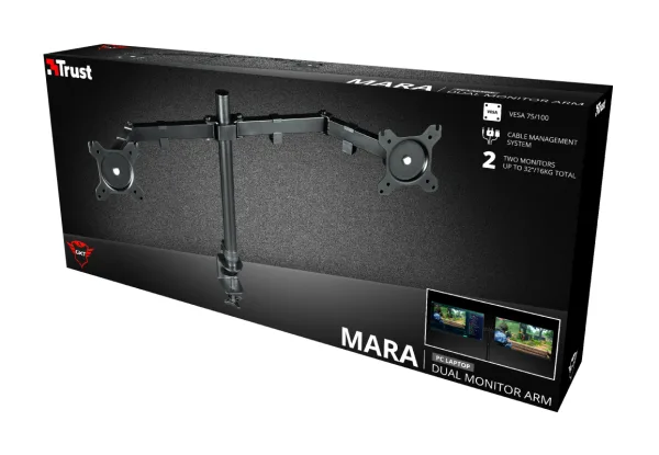 TRUST GXT 1120 Mara Dual Monitor Arm, VESA 75x75mm, 100x100mm, max 2x8kg weight, up to 32"