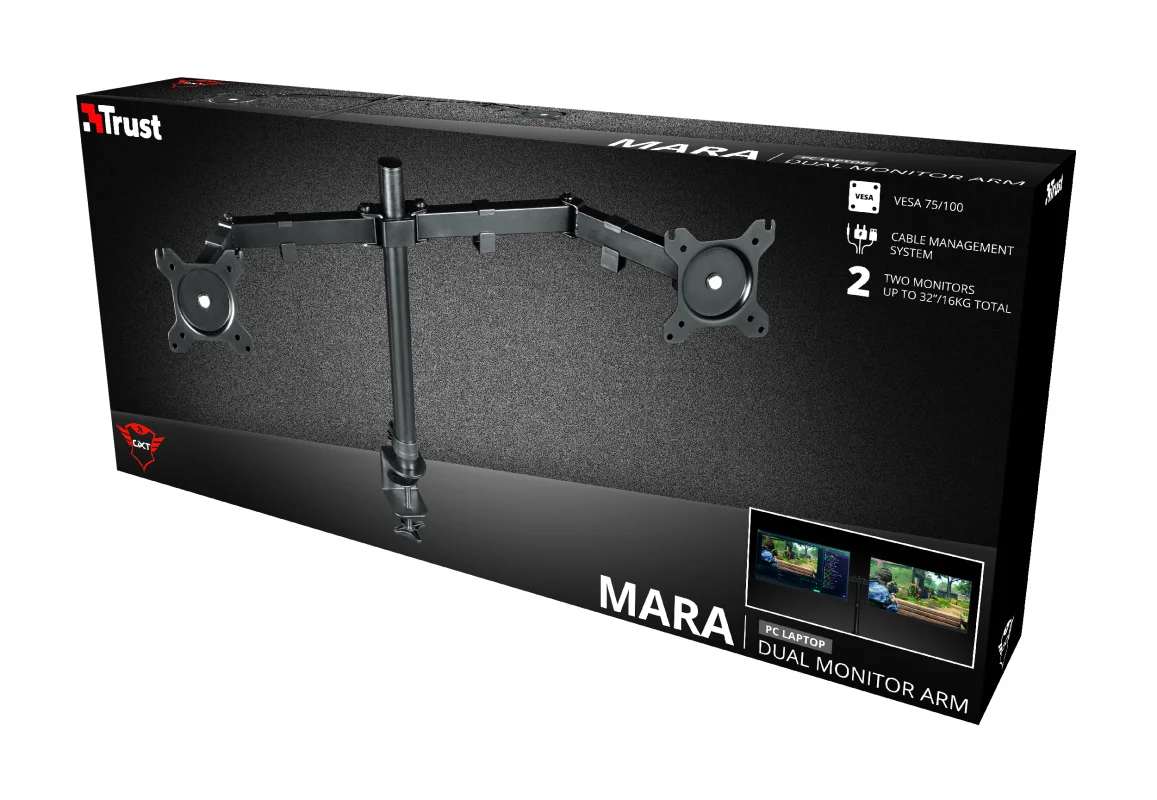 TRUST GXT 1120 Mara Dual Monitor Arm, VESA 75x75mm, 100x100mm, max 2x8kg weight, up to 32"