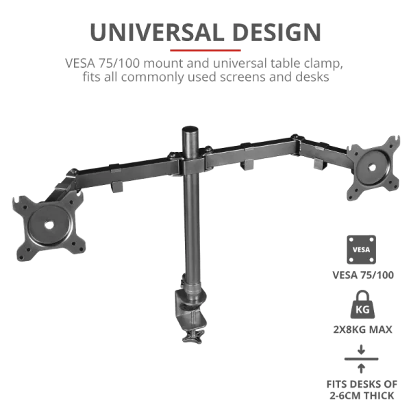 TRUST GXT 1120 Mara Dual Monitor Arm, VESA 75x75mm, 100x100mm, max 2x8kg weight, up to 32"