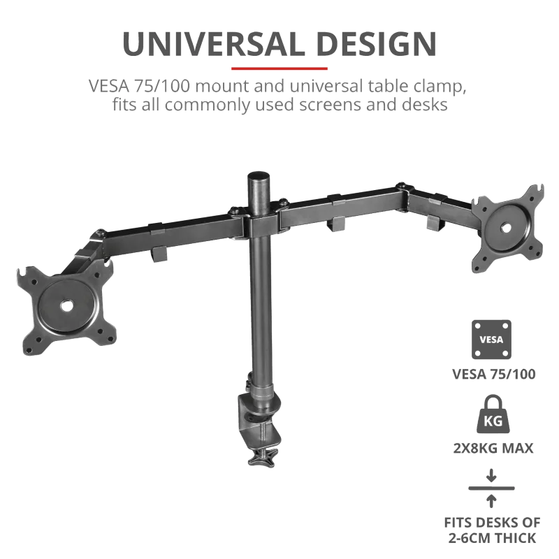 TRUST GXT 1120 Mara Dual Monitor Arm, VESA 75x75mm, 100x100mm, max 2x8kg weight, up to 32"