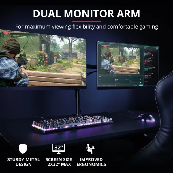 TRUST GXT 1120 Mara Dual Monitor Arm, VESA 75x75mm, 100x100mm, max 2x8kg weight, up to 32"