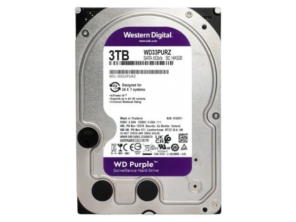 WD PURPLE HDD 3TB Surveillance, 256MB cache, 5400 RPM, up to 175MB/s transfer rate, 24/7