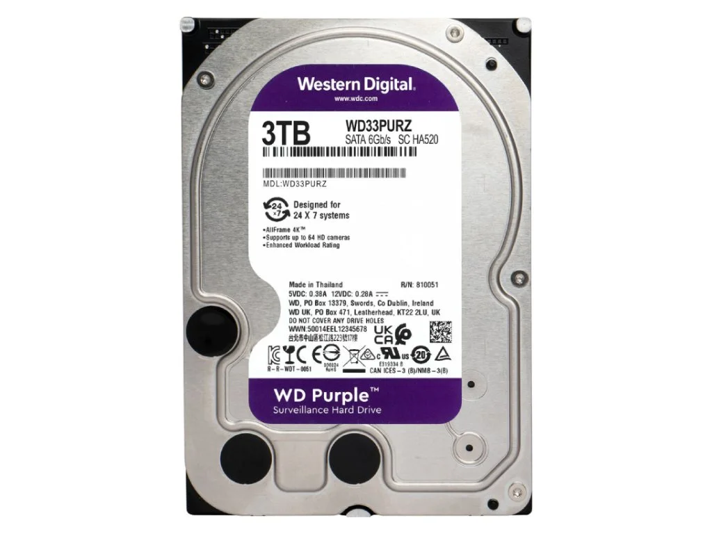 WD PURPLE HDD 3TB Surveillance, 256MB cache, 5400 RPM, up to 175MB/s transfer rate, 24/7