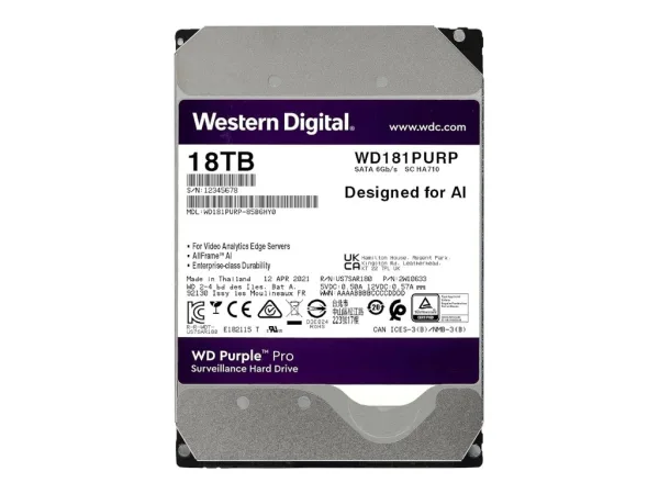 WD PURPLE PRO Surveillance HDD 18TB SATA 6 Gb/s, 512 MB Cache, 3.5