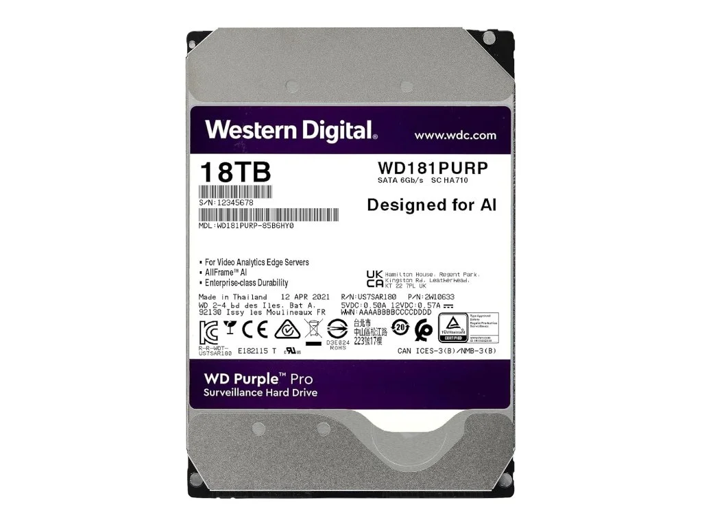 WD PURPLE PRO Surveillance HDD 18TB SATA 6 Gb/s, 512 MB Cache, 3.5", 7200 rpm, up to 272MB/s, CMR