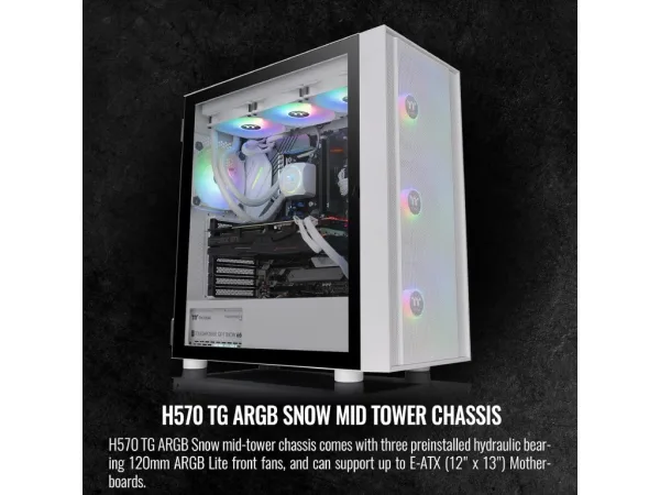 THERMALTAKE H570 TG Snow ARGB Mid Tower, Tempered Glass/Mesh Front Panel/120mm ARGB Lite Fan*3/USB