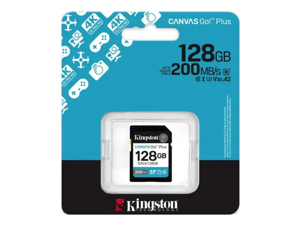KINGSTON Canvas Go! Plus SD Memory Card 128GB, Class 10, UHS-I, U3, V30, up to 200 MB/s, 4K video