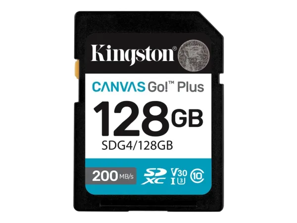 KINGSTON Canvas Go! Plus SD Memory Card 128GB, Class 10, UHS-I, U3, V30, up to 200 MB/s, 4K video