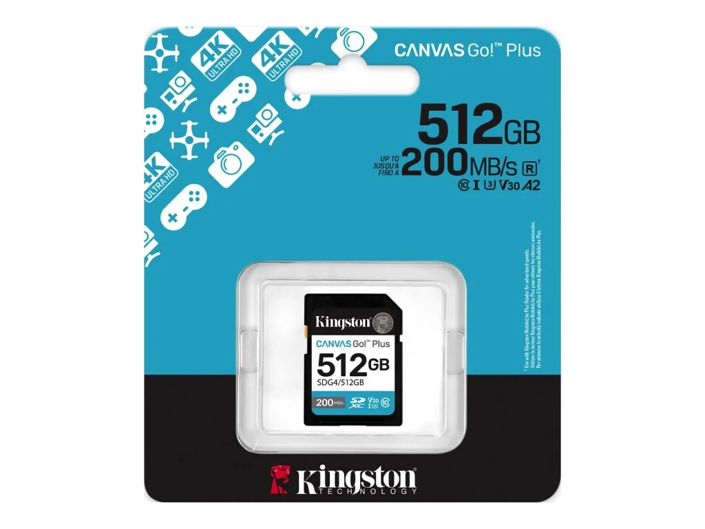 KINGSTON Canvas Go! Plus SD Memory Card 512GB, Class 10, UHS-I, U3, V30, up to 200/160MB/s, 4K video