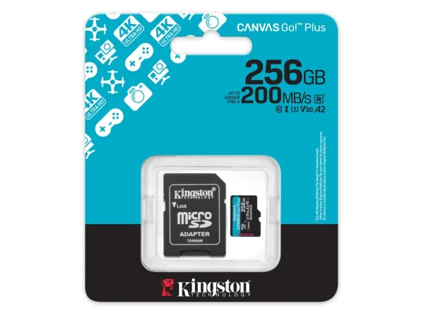KINGSTON Micro SDXC 256GB Canvas Go! Plus C10 + SD Adapter, A2, V30, U3, 200/160 MB/s Read/Write, 4K