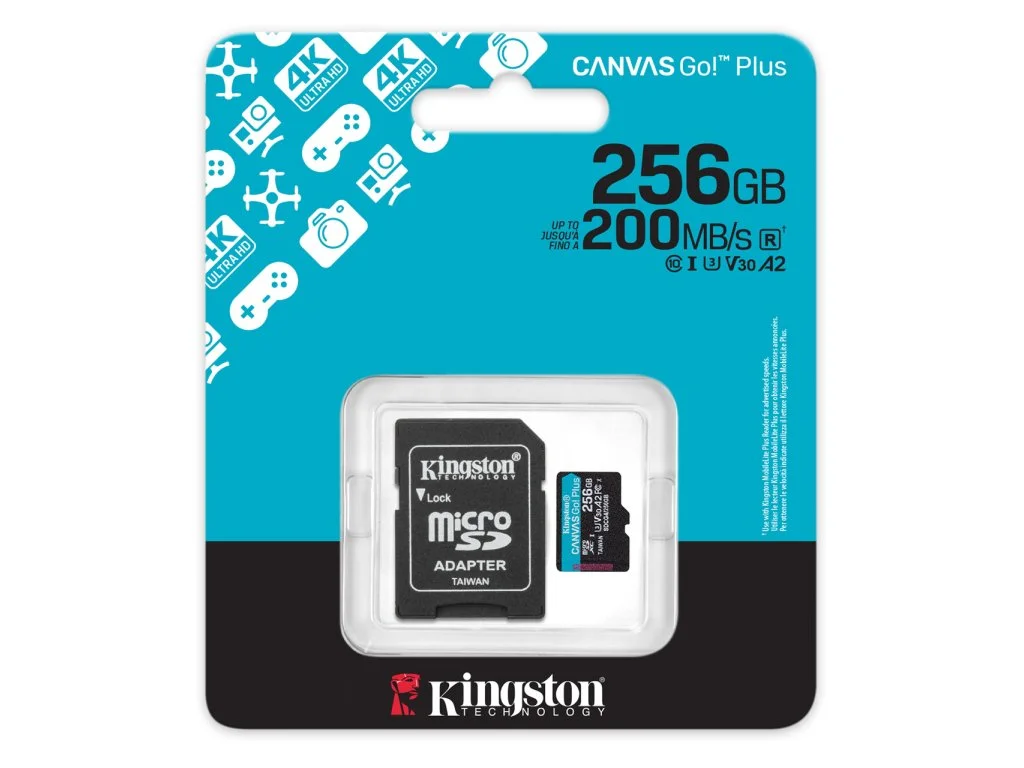 KINGSTON Micro SDXC 256GB Canvas Go! Plus C10 + SD Adapter, A2, V30, U3, 200/160 MB/s Read/Write, 4K