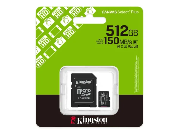 KINGSTON Micro SDXC 512GB CANVAS Select Plus C10 + SD Adapter, A1, U3, V30 up to 150 MB/s , UHS-I