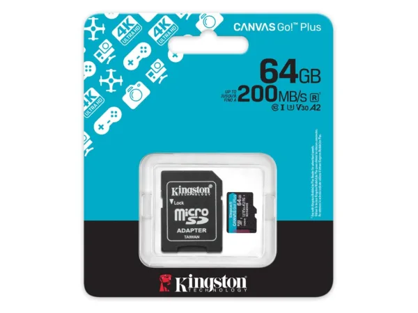 KINGSTON Micro SDXC 64GB Canvas Go! Plus C10 + SD Adapter, A2, V30, U3, up to 200 MB/s, 4K UHD