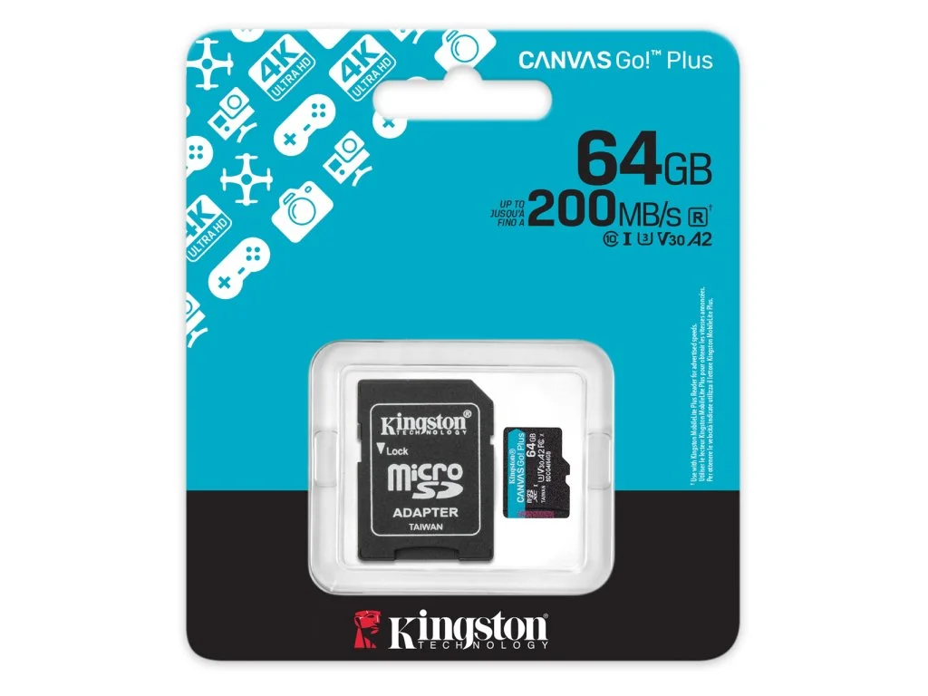 KINGSTON Micro SDXC 64GB Canvas Go! Plus C10 + SD Adapter, A2, V30, U3, up to 200 MB/s, 4K UHD