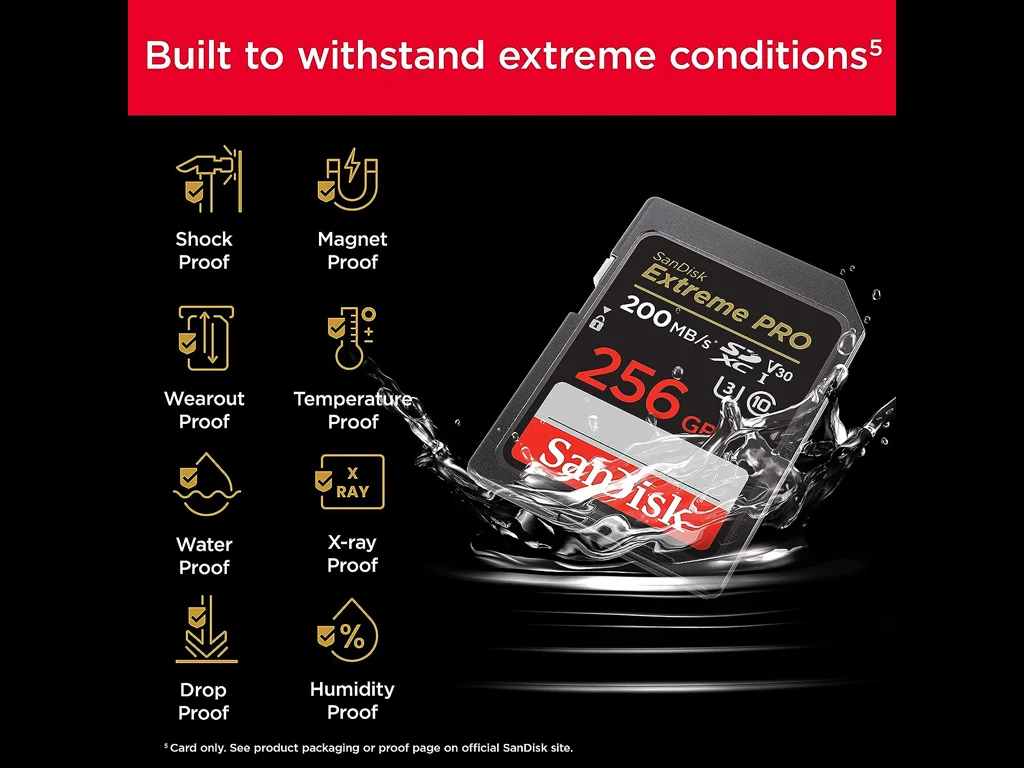 SanDisk Extreme PRO 256GB SDXC Card, up to Read/Write(MB/s): 200/140, UHS-I, Class 10, U3, V30