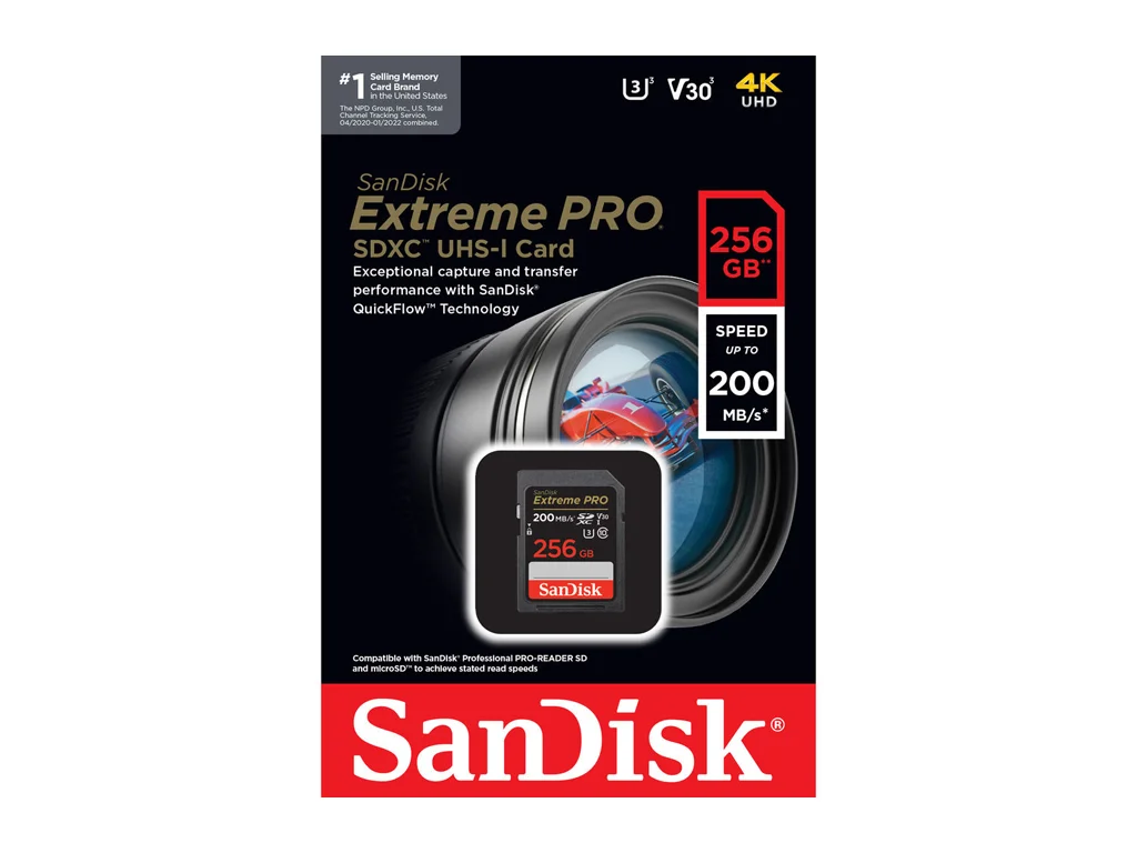 SanDisk Extreme PRO 256GB SDXC Card, up to Read/Write(MB/s): 200/140, UHS-I, Class 10, U3, V30
