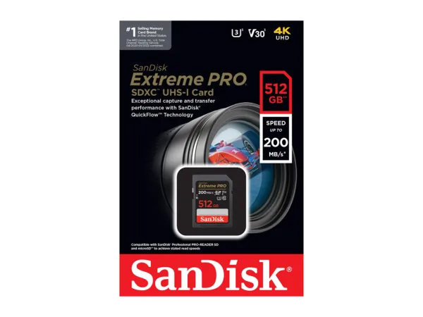 SanDisk Extreme PRO 512GB SDXC Card, up to Read/Write(MB/s): 200/140, UHS-I, Class 10, U3, V30