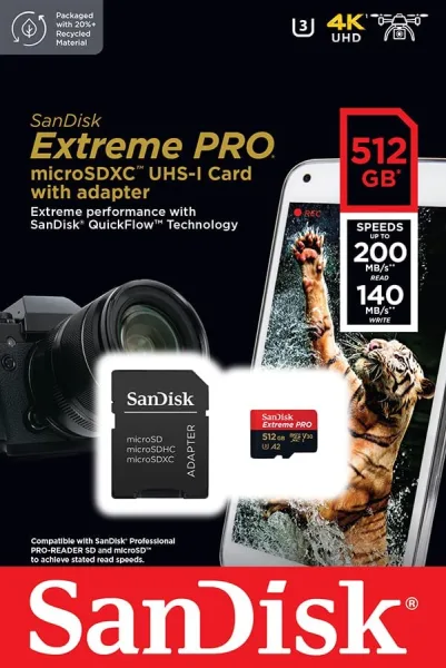 SanDisk Extreme PRO microSDXC 512GB + SD adapter,up to Read/Write(MB/s): 200/140,A2,C10,V30,UHS-I,U3