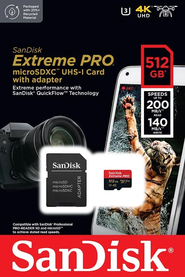 SanDisk Extreme PRO microSDXC 512GB + SD adapter,up to Read/Write(MB/s): 200/140,A2,C10,V30,UHS-I,U3