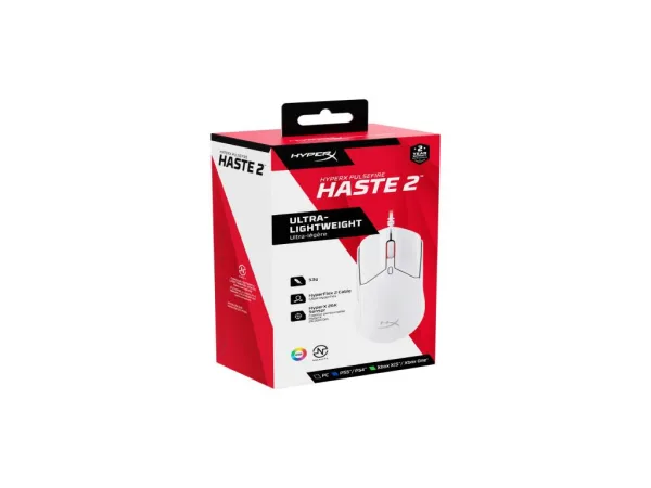 HyperX Pulsefire Haste 2 Wired Gaming Mouse/650 IPS/Up to 26000 DPI/RGB/White/Low-friction skates