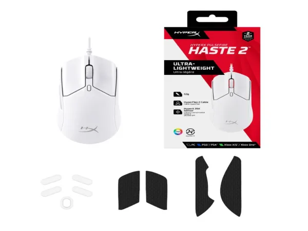 HyperX Pulsefire Haste 2 Wired Gaming Mouse/650 IPS/Up to 26000 DPI/RGB/White/Low-friction skates