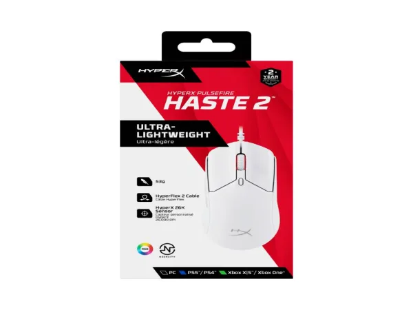 HyperX Pulsefire Haste 2 Wired Gaming Mouse/650 IPS/Up to 26000 DPI/RGB/White/Low-friction skates