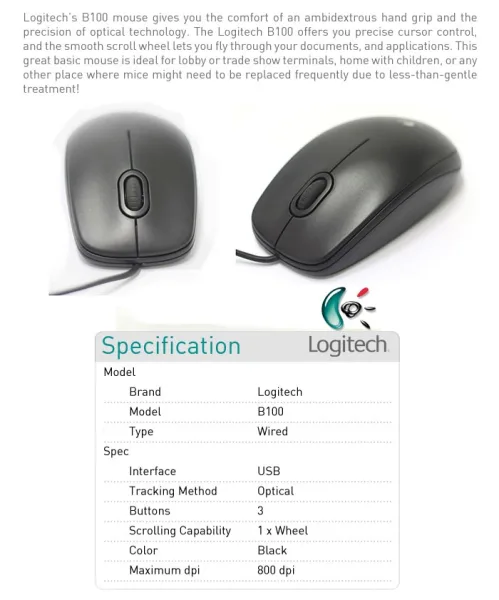 LOGITECH B100, Optical USB Mouse, Black OEM
