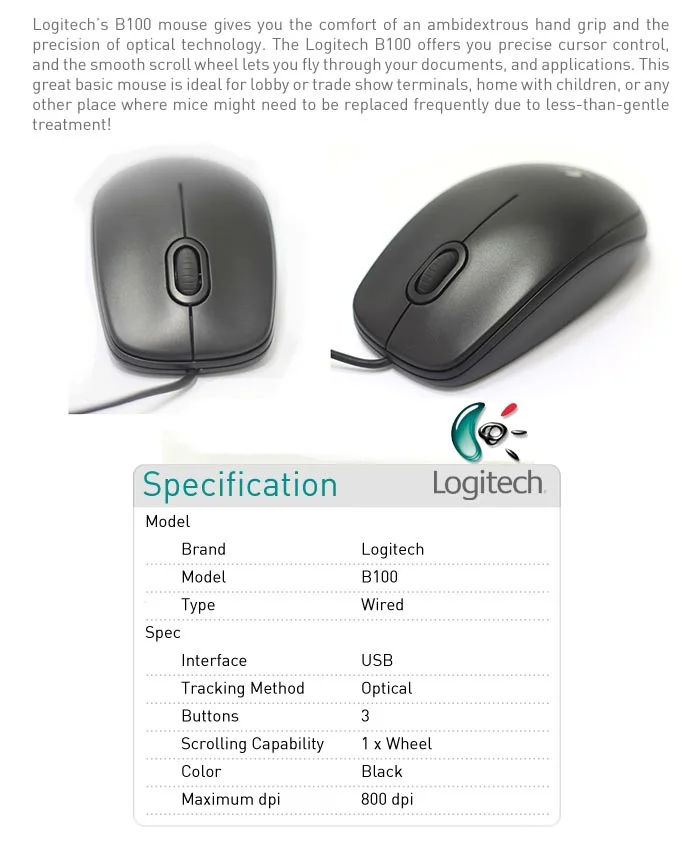 LOGITECH B100, Optical USB Mouse, Black OEM