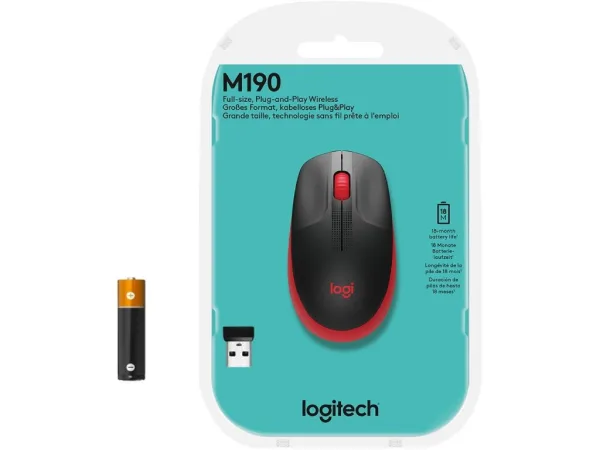 LOGITECH M190 Red Wireless Mouse, Full Size Curve Design, 18-month battery life (AA battery)