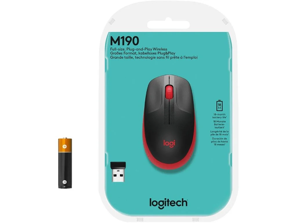 LOGITECH M190 Red Wireless Mouse, Full Size Curve Design, 18-month battery life (AA battery)