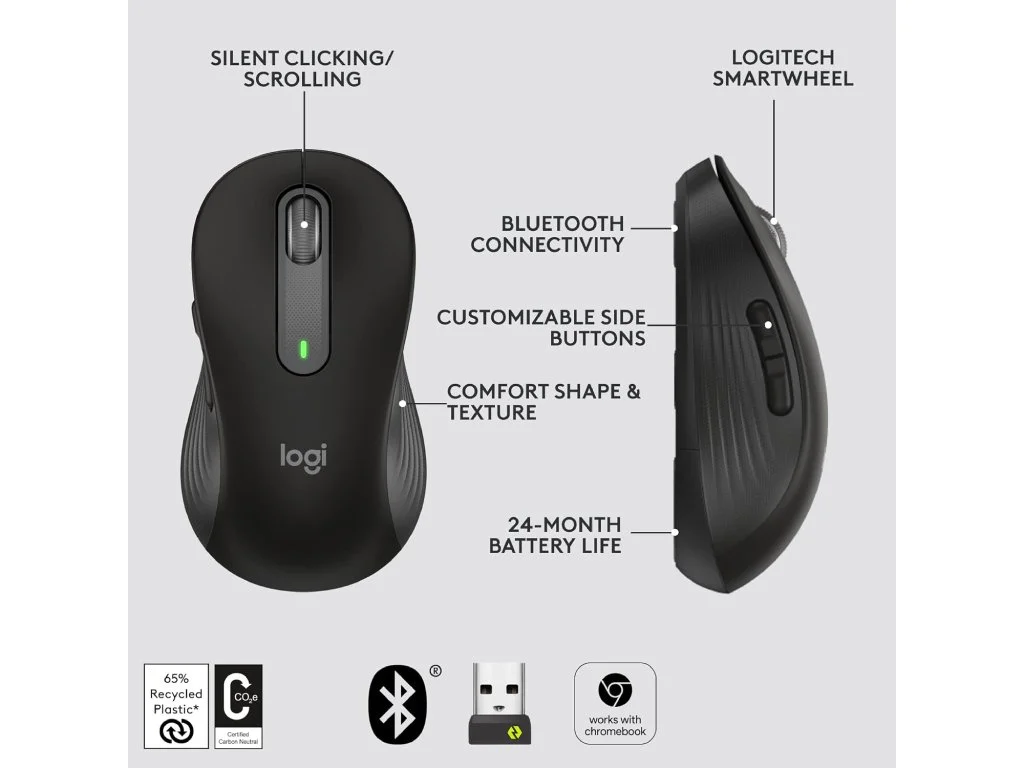 LOGITECH Signature M650 Wireless Bluetooth Mouse, 4000 dpi, 10 m wireless range, Graphite