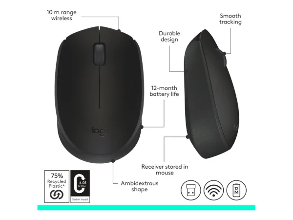 LOGITECH Wireless Mouse M171 Black, 1000 DPI, 3 buttons, 1xAA Battery