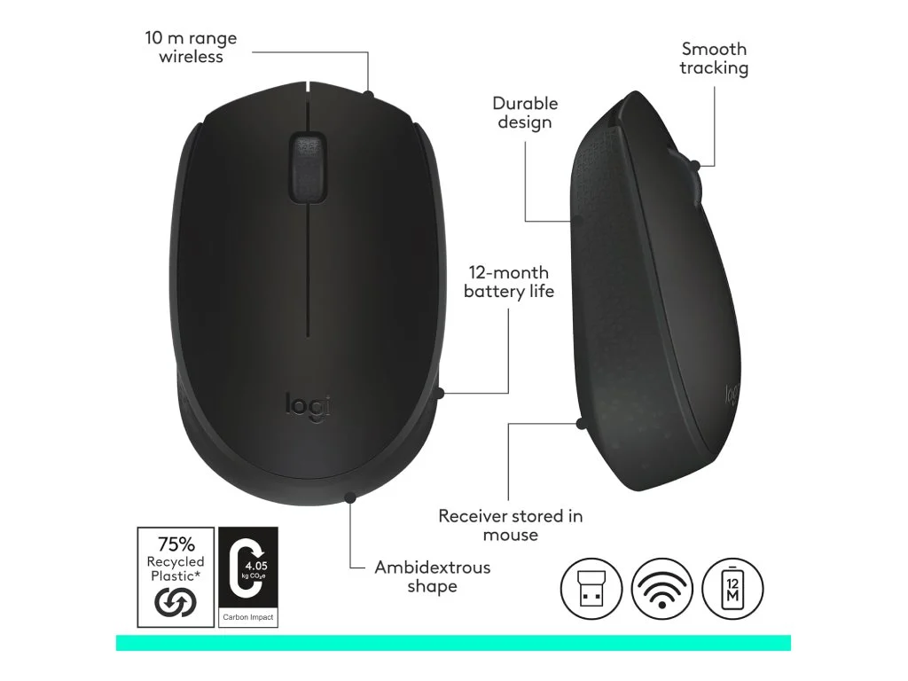 LOGITECH Wireless Mouse M171 Black, 1000 DPI, 3 buttons, 1xAA Battery