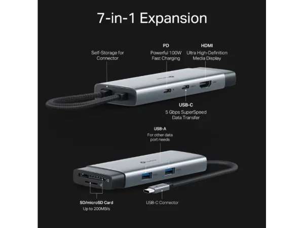 TP-LINK UH7020C USB Type-C 7 in 1 Hub 100W Power Delivery, HDMI, USB 3.0*2, SD & microSD UHS-I,USB-C