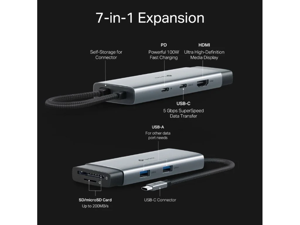 TP-LINK UH7020C USB Type-C 7 in 1 Hub 100W Power Delivery, HDMI, USB 3.0*2, SD & microSD UHS-I,USB-C