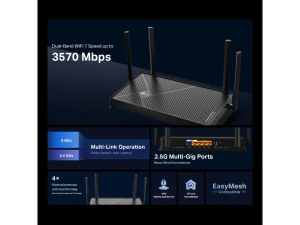 TP-LINK ARCHER BE230 BE3600 Dual-Band Wi-Fi 7 Router, 2 2.5G Ports, 4 antennas, USB 3.0