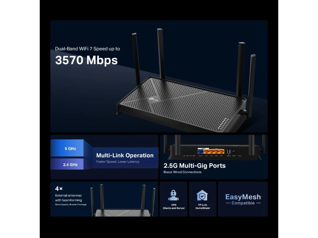 TP-LINK ARCHER BE230 BE3600 Dual-Band Wi-Fi 7 Router, 2 2.5G Ports, 4 antennas, USB 3.0