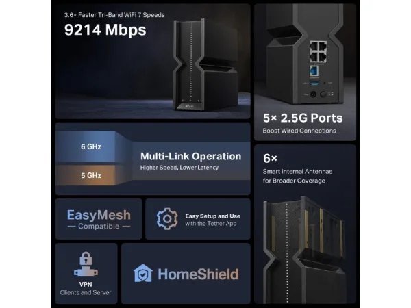 TP-LINK ARCHER BE550 , BE9300 Tri-Band Wi-Fi 7 Router, 4 2.5 Gbps LAN, 1 USB 3.0