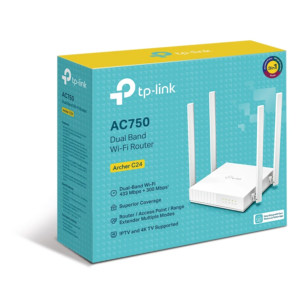 TP-LINK ARCHER C24 AC750 Dual-Band Wi-Fi Router/AP/Range Extender, 4 Fixed Antennas