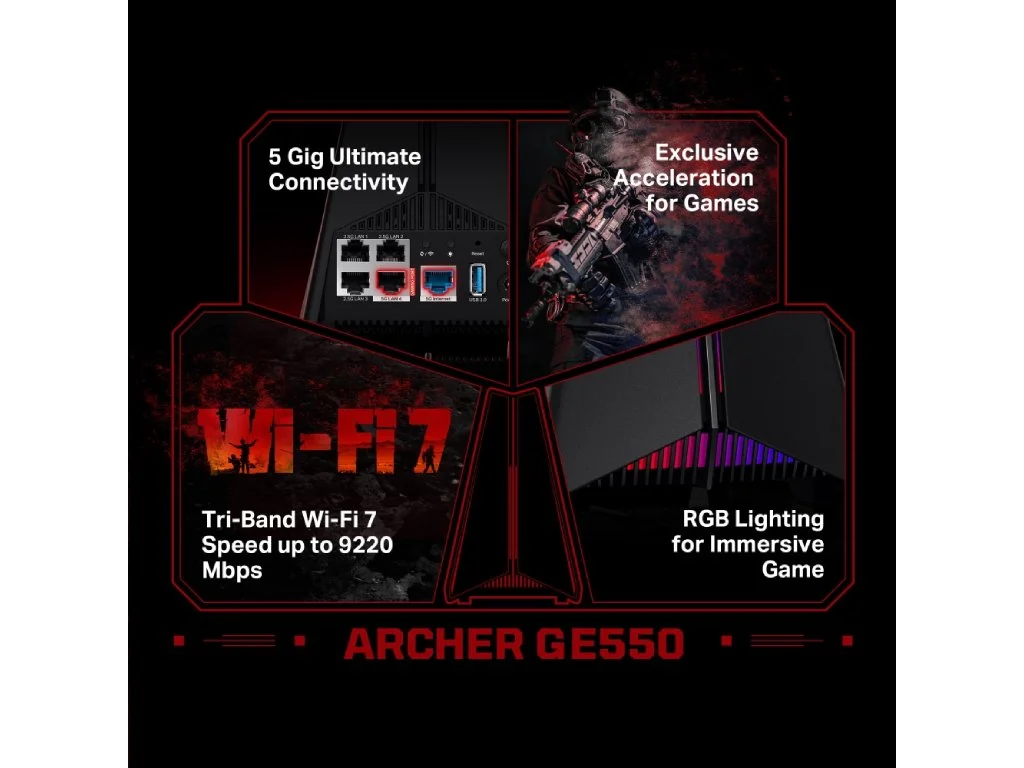 TP-LINK ARCHER GE550 , BE11000 Tri-Band Wi-Fi 7 Gaming Router, 1 5Gbps LAN, 3 2.5 Gbps, USB 3.0