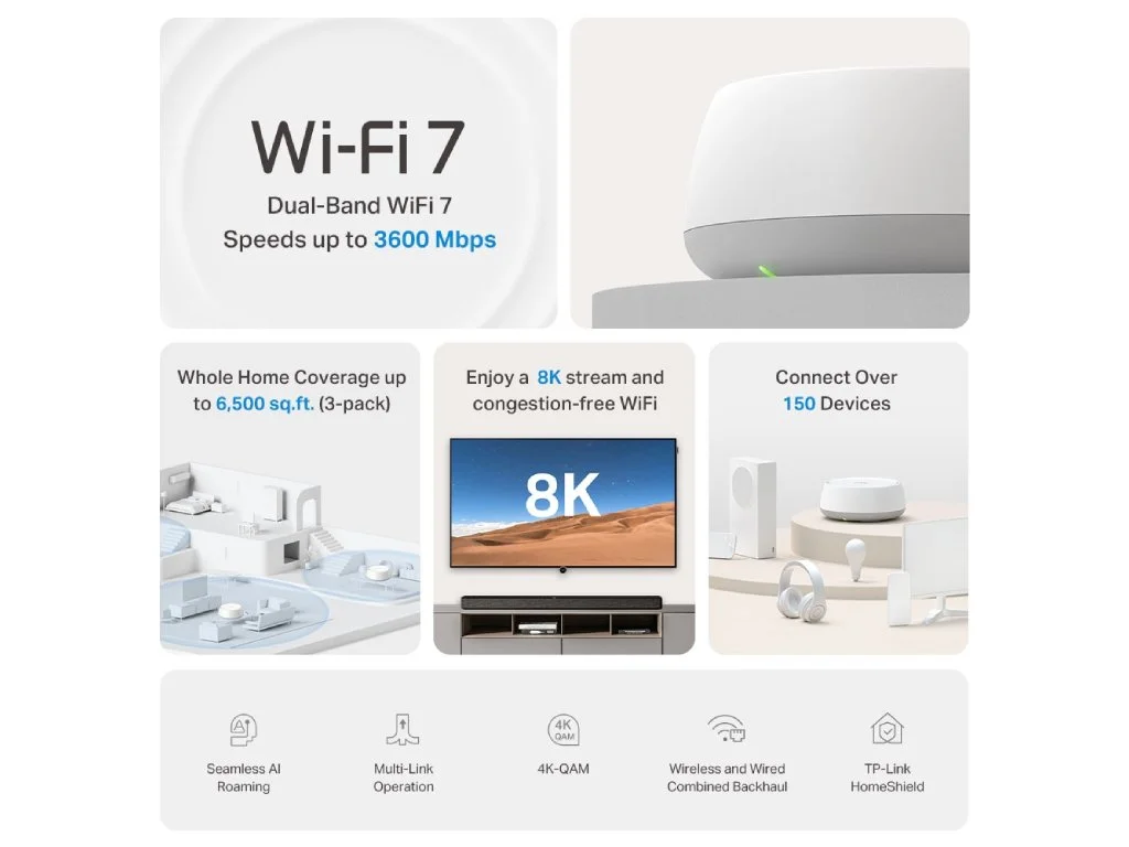 TP-LINK DECO BE22(2-pack) BE3600 Whole Home Mesh WiFi 7 System,2 1Gbps, Router/AP Mode,Up to 420 m2