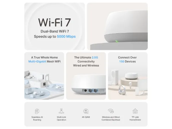 TP-LINK Deco BE25(3-pack) BE5000 Whole Home Mesh WiFi 7 System, 2 2.5 Gbps ports