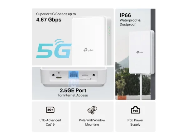TP-LINK NE200-Outdoor 5G Outdoor Router, 2.5GE Port, IP66, PoE Power Supply,5G speed up to 4.67 Gbps