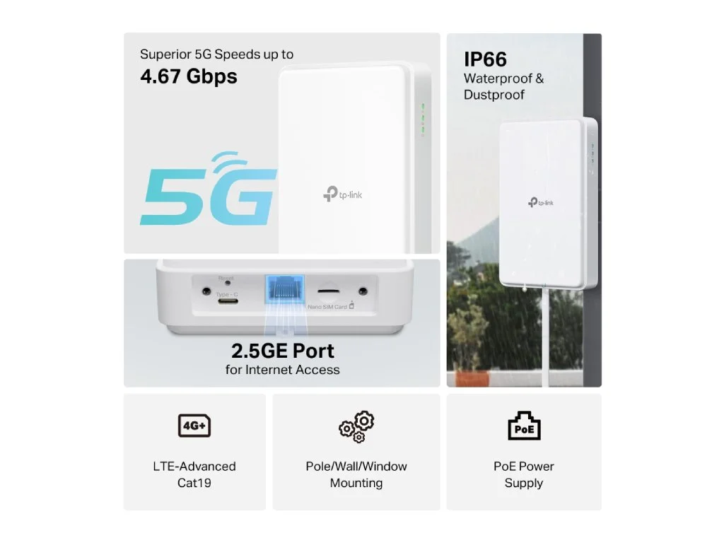TP-LINK NE200-Outdoor 5G Outdoor Router, 2.5GE Port, IP66, PoE Power Supply,5G speed up to 4.67 Gbps