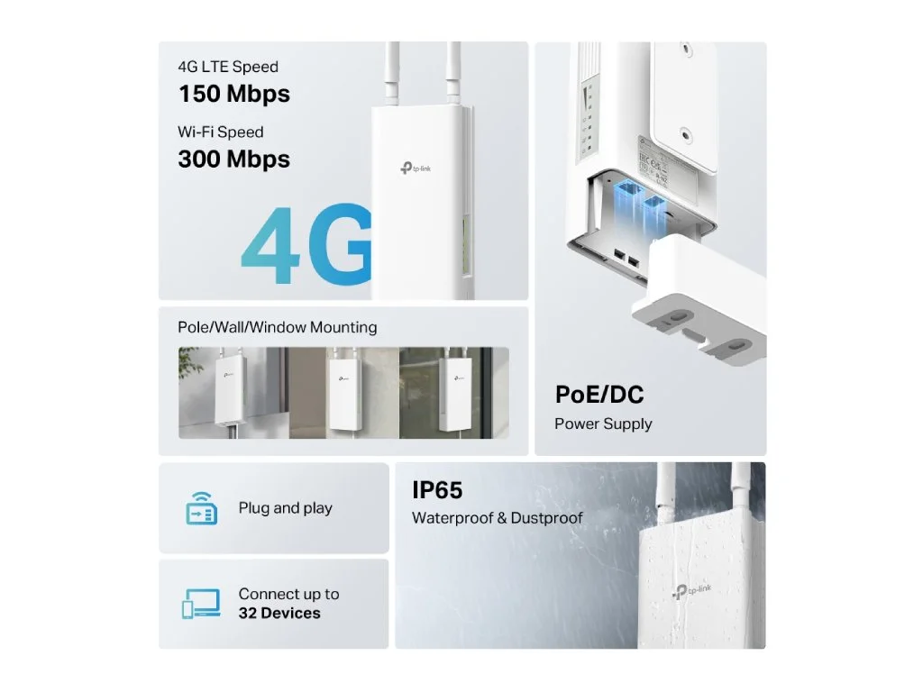 TP-LINK TL-MR100-Outdoor 4G LTE 300 Mbps Wi-Fi Outdoor Router, PoE/DC Power Supply, IP65