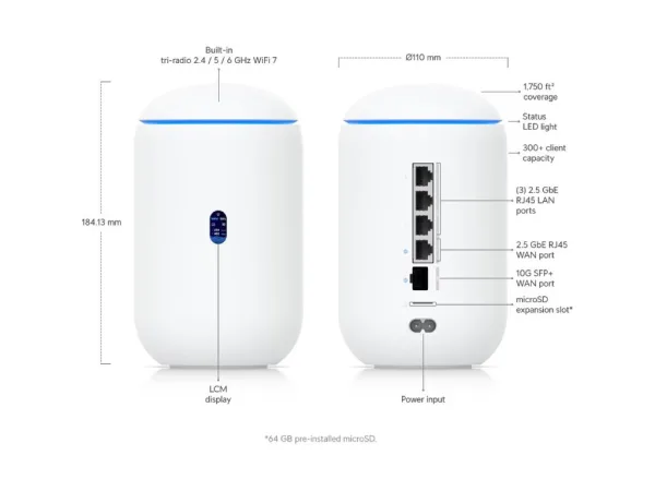 UBIQUITI Dream Router 7 Desktop 10G Cloud Gateway WiFi 7,PoE switch, 3x 2.5G LAN ports, 64GB microSD