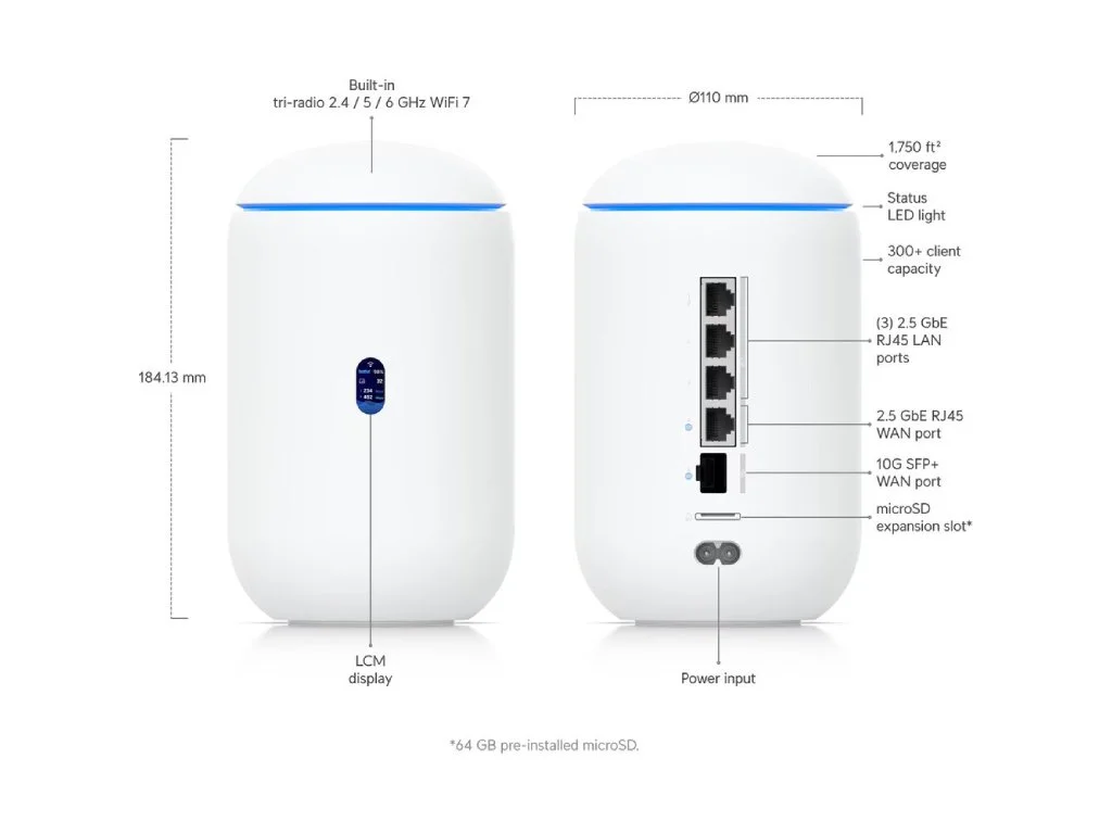 UBIQUITI Dream Router 7 Desktop 10G Cloud Gateway WiFi 7,PoE switch, 3x 2.5G LAN ports, 64GB microSD