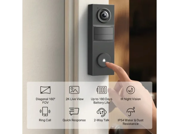 TP-LINK TAPO D205 Smart Video Doorbell Mini 2K Live View, Ultra-Wide 160 FOV, Built-in Battery, IP54