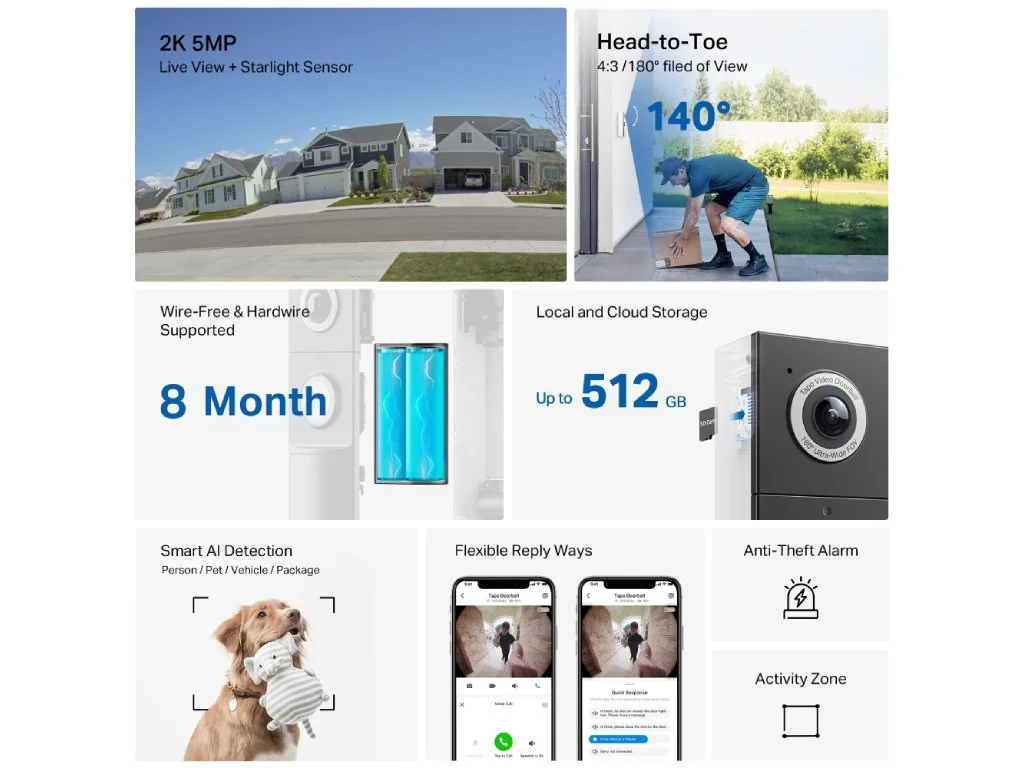 TP-LINK TAPO D235 Video Doorbell Camera 2K 5MP Head-to-Toe View, Smart AI Detection