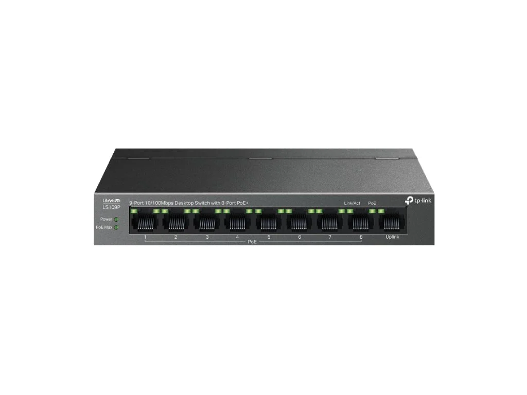 TP-LINK LS109P 9-Port 10/100Mbps Desktop Switch with 8-Port PoE+, 63 W PoE Budget, Up to 250 m